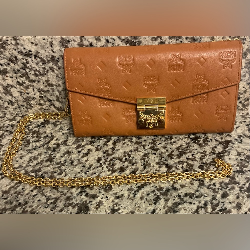 MCM Tan Leather Clutch with Gold Chain - PRICE DROP!